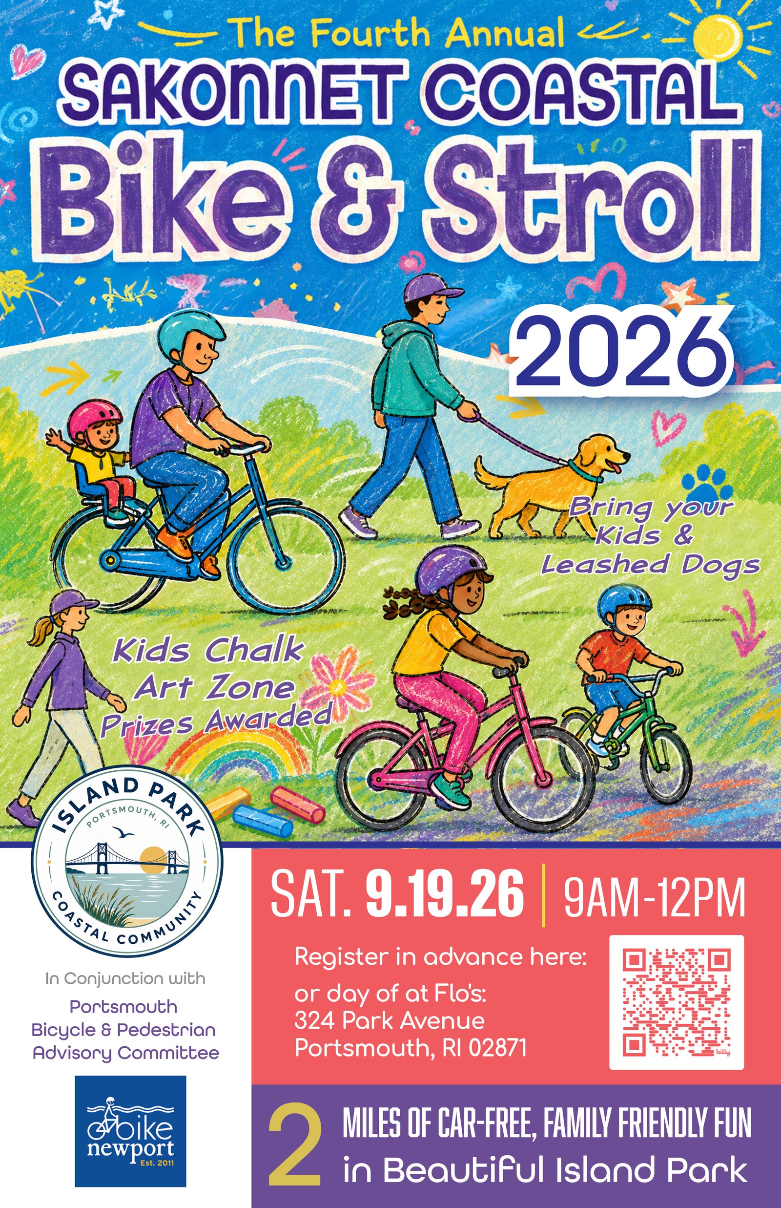 Poster for the Fourth Annual Sakonnet Coastal Bike & Stroll 2026 on Saturday September 19th from 9:00am to 12pm on Park Ave in Island Park Portsmouth. Opens Facebook event.